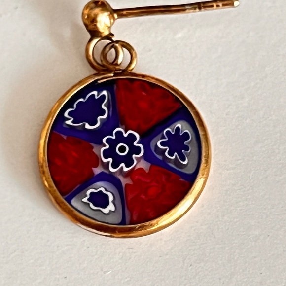 Murano Glass Millefiori Set Pendant & Earrings Pierced 24kt Gold Italy Red Blue - Picture 11 of 12